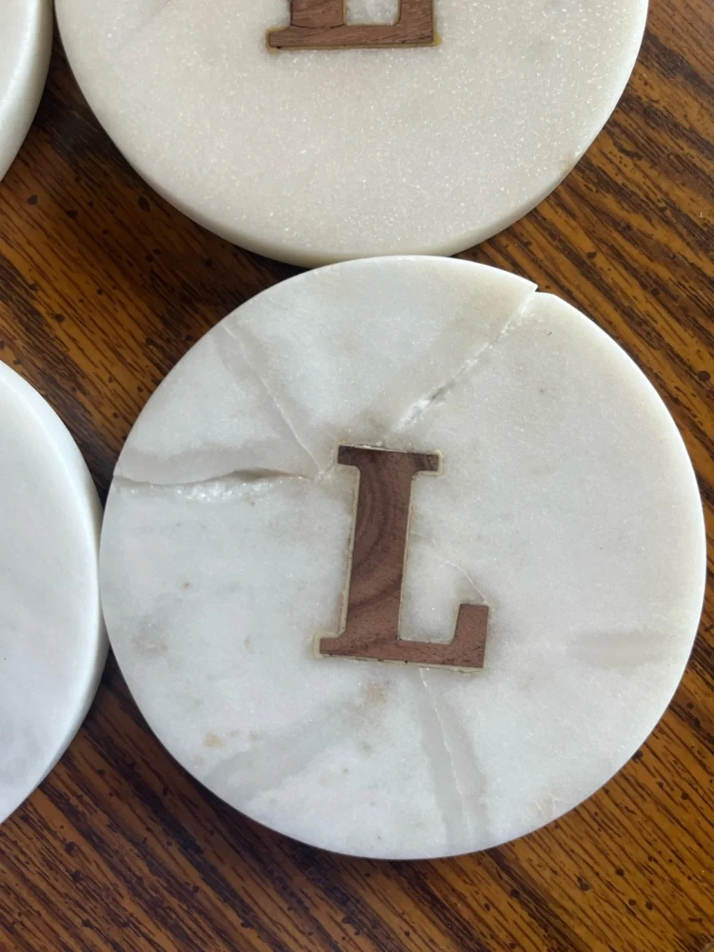 Pottery Barn Alphabet Marble/ Wood Coasters - Set Of 4 (Letter L)